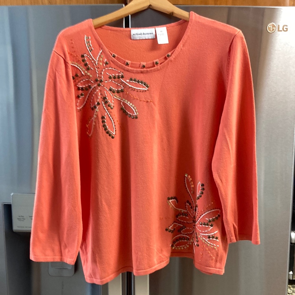 Alfred Dunner Orange Embellished 3/4 Sleeve Sweater